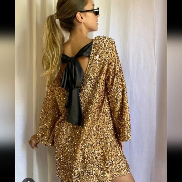 Gold Sequin Dress with Black Bow - Picture 1 of 2